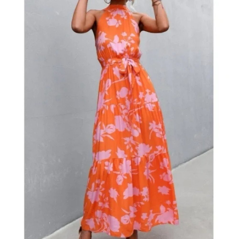 boho floral print belted halter maxi dress - Picture 2 of 13